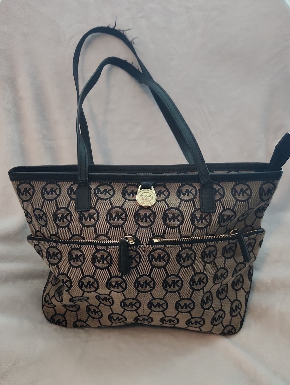 Michael Kors Beige Logo Tote with Black Trim and Gold Hardware